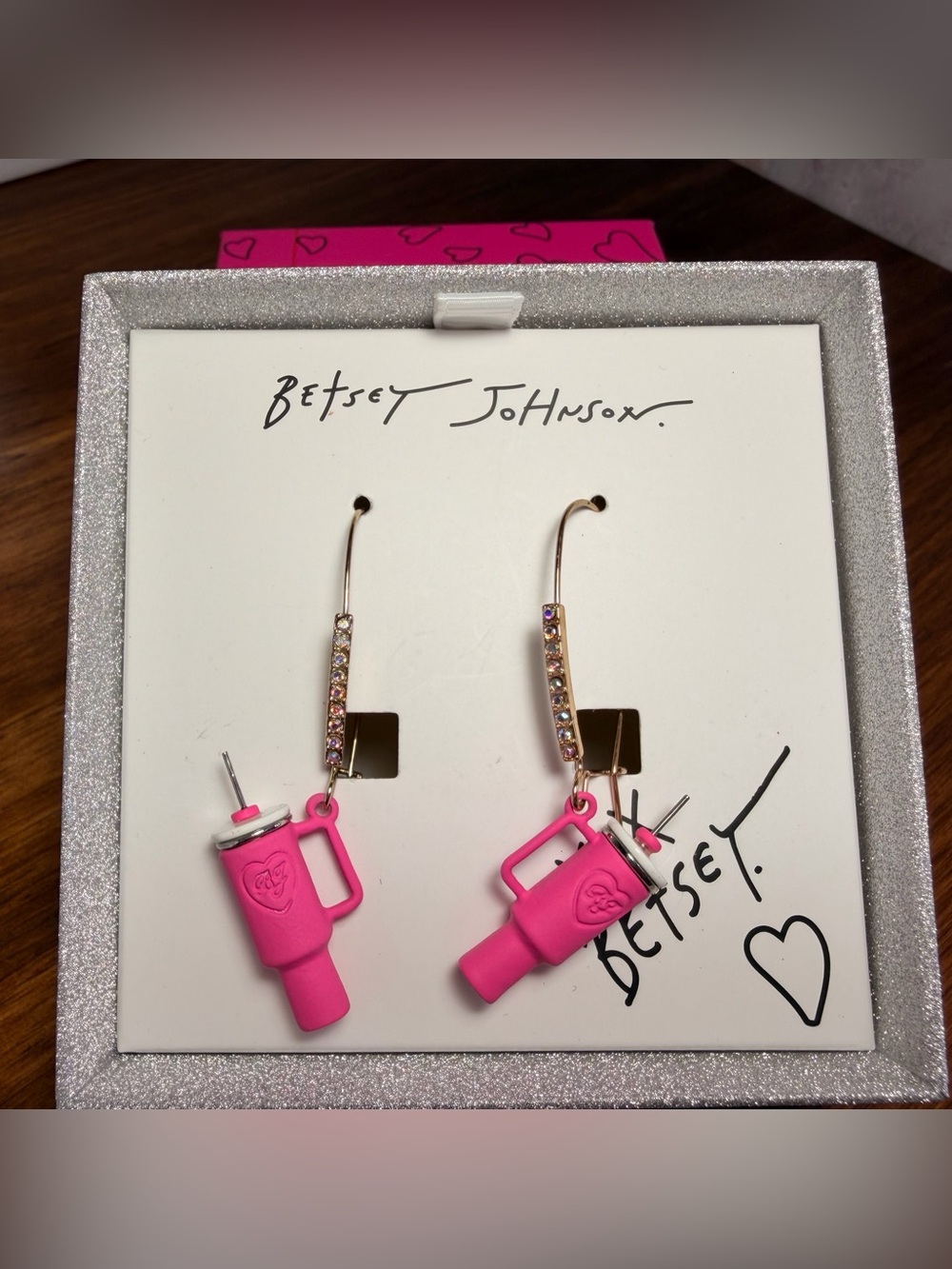 NWT Betsey Johnson Pink Stanley Cup Drop Earrings - Picture 2 of 4